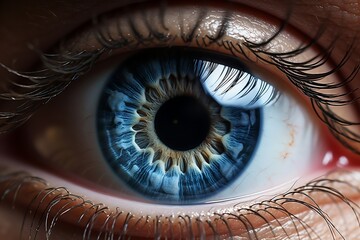 A close up of a person's blue eye. AI