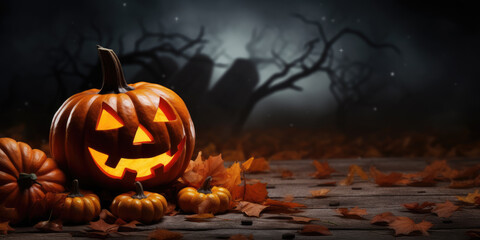 Spooky Halloween banner with a dark background and a Jack-o'-lantern, perfect for copy space. Generative AI.