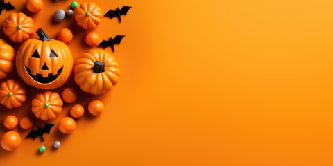 Halloween Jack-o'-lantern, candy. Top view Featuring a vibrant orange background with copy space. Generative AI.