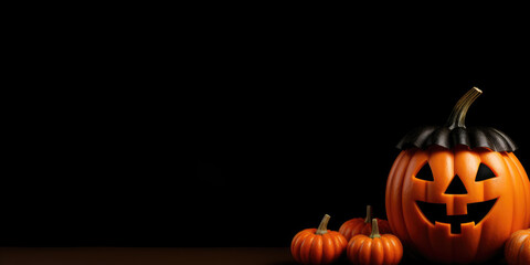 Halloween pumpkin Jack-o'-lantern on Black background with copy space. Generative AI.