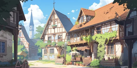 Abwaschbare Fototapete Step into a world of fantasy anime as you explore a charming European village featuring a serene river and an enchanting bridge © anggri