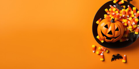 Halloween Jack-o'-lantern, candy. Top view Featuring a vibrant orange background with copy space. Generative AI.