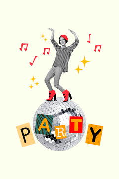 Vertical advertisement collage promo party celebration dancing girl notes retro sketch disco ball shining isolated on drawn background