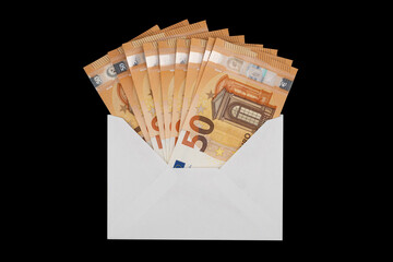 50 euro bills in an envelope on a black background