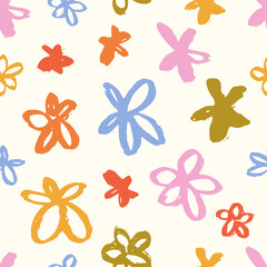 Obraz na płótnie Canvas Hand drawn colorful flower doodle seamless pattern. Summer floral print with cute cartoon flowers. Natural repeating vector background. Trendy childish endless texrture
