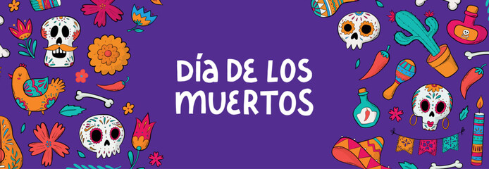dia de los muertos horizontal banner decorated with doodles and lettering quote, Good for prints, social media covers, signs, posters, etc. EPS 10