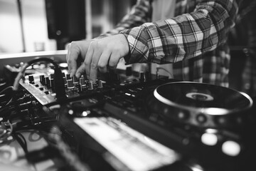 Obraz premium a DJ plays music on a controller at a party