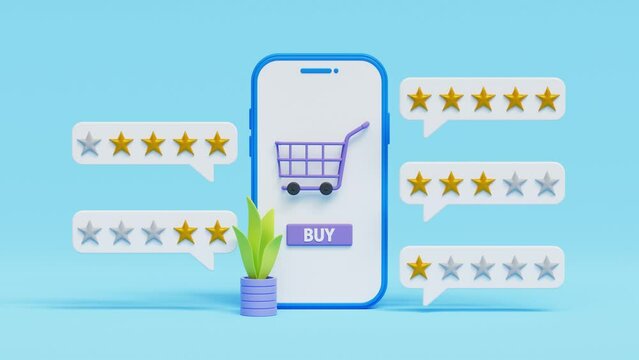 Rate online store mobile app concept. 3d smartphone with shopping cart and all rating stars. Customer feedback and rating 5 star for app or service. 4k 3d animation