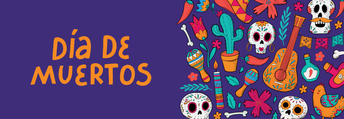 Dia de muertos banner, poster, print, card decorated with lettering quote and doodles on purple background. EPS 10