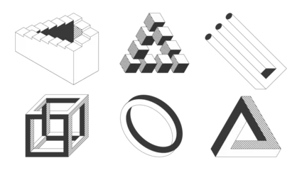 cube, Ruthersward triangle, impossible trident, Möbius loop, Penrose triangle, Penrose stairs.Black and white vector illustration © Elena