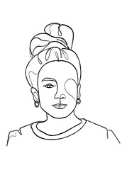 Continuous one line drawing of woman with hair bun. Vector illustration.