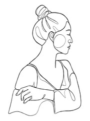 Continuous one line drawing of woman with hair bun. Vector illustration.