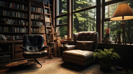 hip but stuffy living room with a leather wing chair in a shady corner