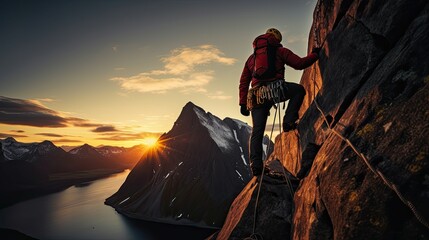 climber climbs the big rock, high mountains lofoten island, hiper northen light, midnight sun - obrazy, fototapety, plakaty