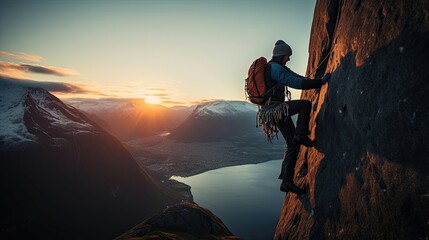 climber climbs the big rock, high mountains lofoten island, hiper northen light, midnight sun - obrazy, fototapety, plakaty