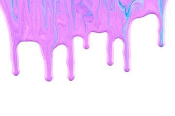 Paint drops flowing down on white paper. Purple blue ink blots abstract background