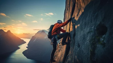 Poster climber climbs the big rock, high mountains lofoten island, hiper northen light, midnight sun © medienvirus