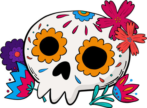 recommend clip art: dia de los muertos sugar skull decorated with flowers, hand dawn PNG element for stickers, signs, icons, prints, cards, posters, etc.