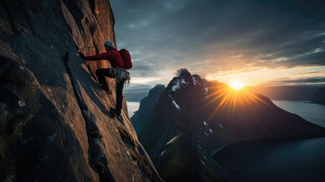 climber climbs the big rock, high mountains lofoten island, hiper northen light, midnight sun