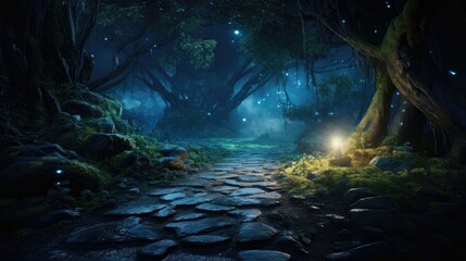 Stone path through bioluminescent fantasy forest