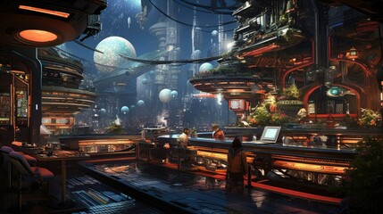 A bustling space station, where oddities and enigmas are traded in the shadows of gaudy holographic advertisements