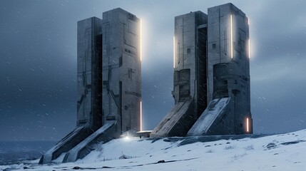 giant brutalist monolithic biomechanical concrete towers with neon holographic lightstrips in the winter countryside, in a snow storm