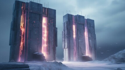 giant brutalist monolithic biomechanical concrete towers with neon holographic lightstrips in the winter countryside, in a snow storm