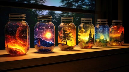 filigree-etched mason jars with galaxies and stars and planets inside of them sitting on a table next to a window with a purple sunset streaming in