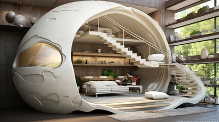modern dinosaur egg iinspired interior cut away loft apartment. Eggshell-white and natural ashen-wood. two-level open layout