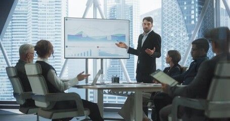 Diverse Skyscraper Office: Caucasian Businessman Hosting Business Meeting with Managers, Talks about Company Growth, Uses TV for Presentation. Entrepreneurs Work on Profit Margins Improvement. - Powered by Adobe