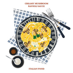 Creamy mushroom ravioli sauce Italian Pasta, Parsley, and Italian Noodles Recipe Healthy spaghetti pasta menu, close-up vector illustration, top view.