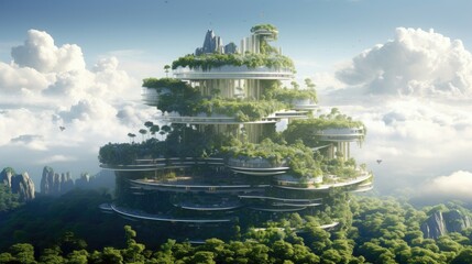 Obraz premium elegant skyscraper, city views, elegant and light, floating above cloud, green terraces, dynamic and organic