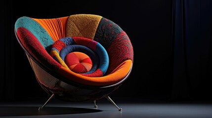 a surrealistic chair, interior magazine photograph of colorful mixed material throne-like lean-back relax chair