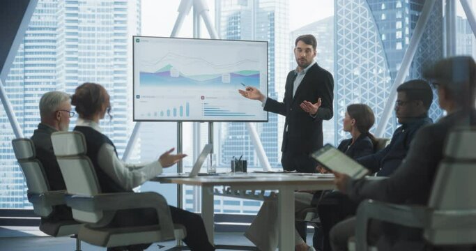 Diverse Skyscraper Office: Caucasian Businessman Hosting Business Meeting with Managers, Talks about Company Growth, Uses TV for Presentation. Entrepreneurs Work on Profit Margins Improvement.