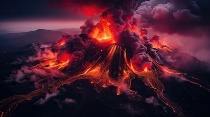 an aerial view of a erupting volcano, mesmerizing colorscapes
