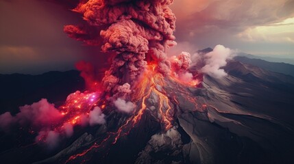 an aerial view of a erupting volcano, mesmerizing colorscapes