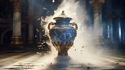 An ornate baroque vase breaking on the marble tile floor, exploding into dust, dark-blue light-blue gold silver white black beige, volumetric dust rays - obrazy, fototapety, plakaty