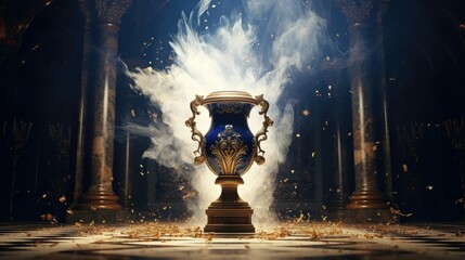 An ornate baroque vase breaking on the marble tile floor, exploding into dust, dark-blue light-blue gold silver white black beige, volumetric dust rays - obrazy, fototapety, plakaty