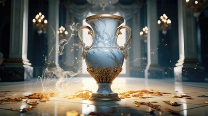 An ornate baroque vase breaking on the marble tile floor, exploding into dust, dark-blue light-blue gold silver white black beige, volumetric dust rays