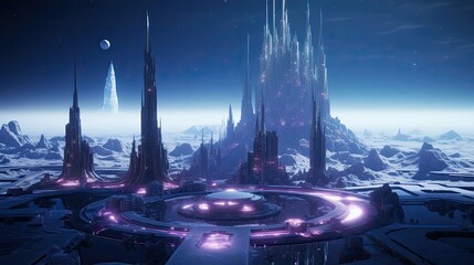 astral futuristic floating city, purple kryptonite crystals