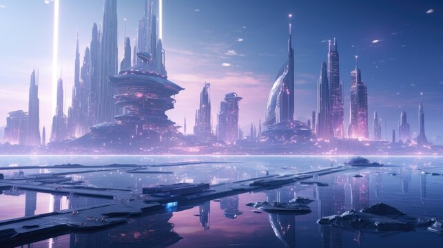 astral futuristic floating city, purple kryptonite crystals - Powered by Adobe
