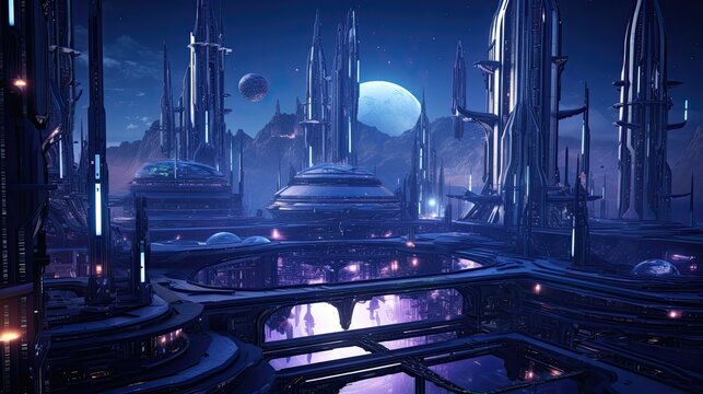 astral futuristic floating city, purple kryptonite crystals