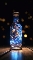 universe in one bottle on table at night