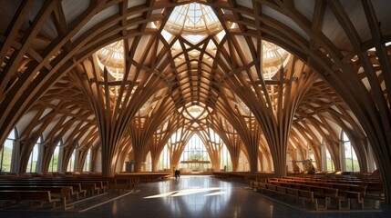 vast interior of a wooden cathedral, wood texture, clear wood, organic shapes, stained glass, tinted godrays lighting, broad daylight