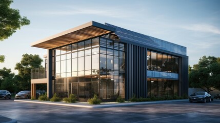 two story modern small industrial minimalist design style office building, incorporate glass elements