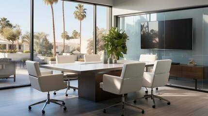 Fototapeta premium A conference room of a family law firm with a modern white elegant look with minimalist vibes and greyed out translucent windows