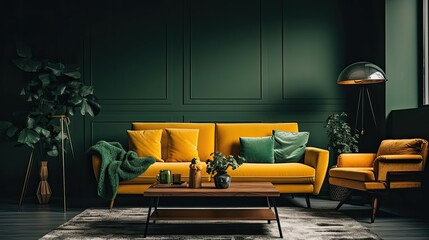 a living room with green sofas and a lamp, modern living room, furniture design, post-modern eclectic mix