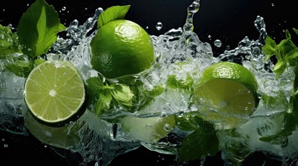 Fototapeta na wymiar juice of lime and basil sitting on ice in cool, clear water, bio-art