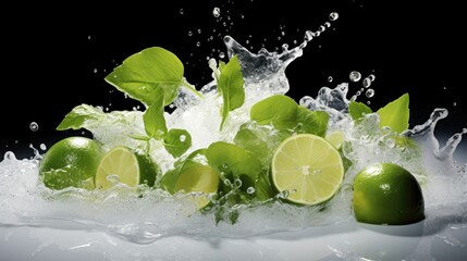 juice of lime and basil sitting on ice in cool, clear water, bio-art