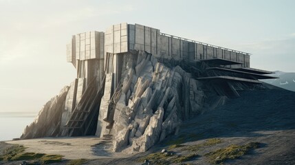 a artificial structure on the edge of a cliff integrated into the terrain in a spiky light gray concrete color with a dark brutalist sci-fi aesthetic